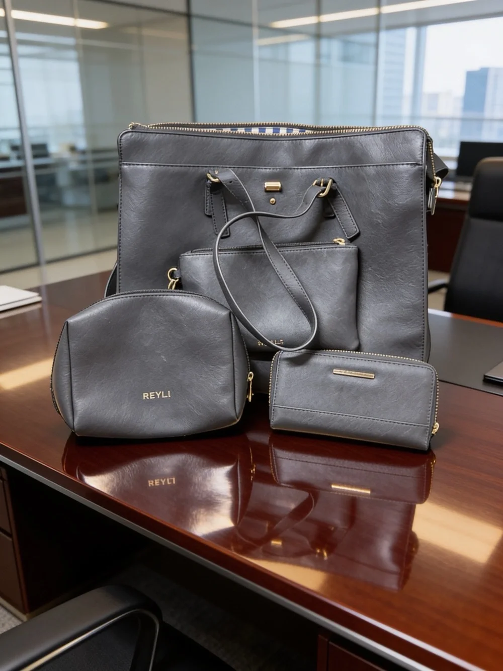 REYLI Black Leather Tote Set - 4 Piece